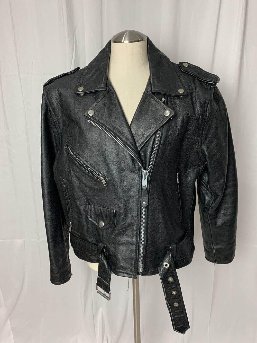Classic Black Leather Motorcycle Jacket - Women's Blazer Size 14